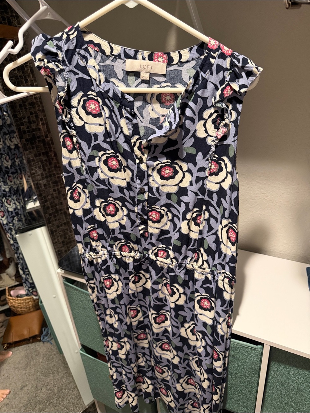 LOFT Navy Floral Ruffle-Sleeve Midi Dress